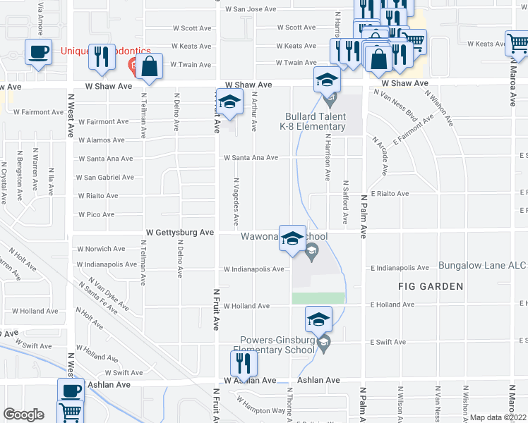 map of restaurants, bars, coffee shops, grocery stores, and more near 4677 North Thorne Avenue in Fresno