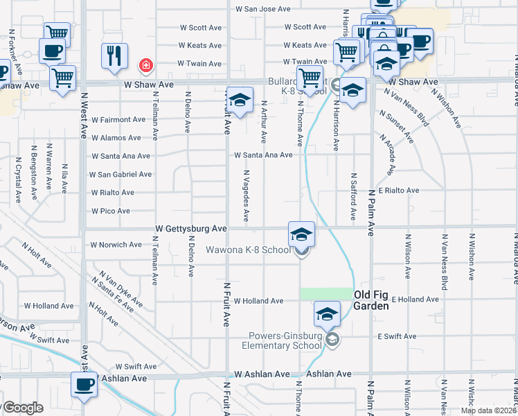 map of restaurants, bars, coffee shops, grocery stores, and more near 4673 North Arthur Avenue in Fresno