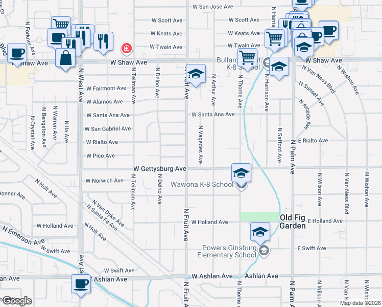 map of restaurants, bars, coffee shops, grocery stores, and more near 4684 North Fruit Avenue in Fresno