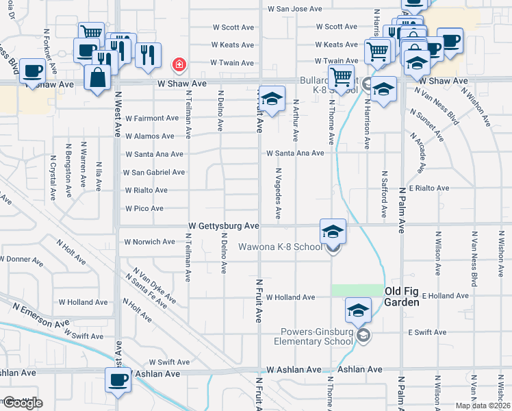 map of restaurants, bars, coffee shops, grocery stores, and more near 4684 North Fruit Avenue in Fresno