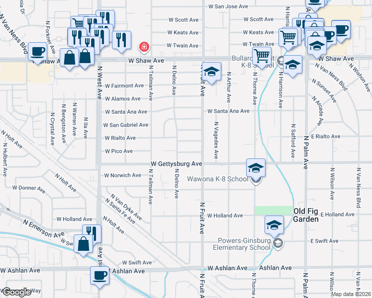 map of restaurants, bars, coffee shops, grocery stores, and more near 547 West Rialto Avenue in Fresno