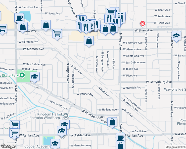 map of restaurants, bars, coffee shops, grocery stores, and more near 4679 North Crystal Avenue in Fresno
