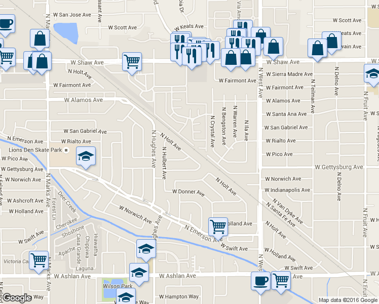 map of restaurants, bars, coffee shops, grocery stores, and more near 1835 West Santa Ana Avenue in Fresno