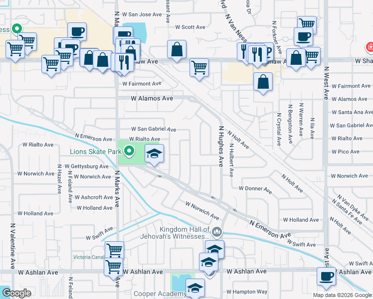 map of restaurants, bars, coffee shops, grocery stores, and more near 4684 North Lorna Avenue in Fresno