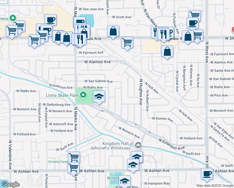 map of restaurants, bars, coffee shops, grocery stores, and more near 4684 North Lorna Avenue in Fresno
