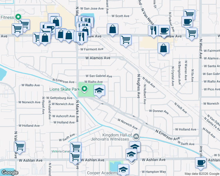 map of restaurants, bars, coffee shops, grocery stores, and more near 4682 North Pleasant Avenue in Fresno