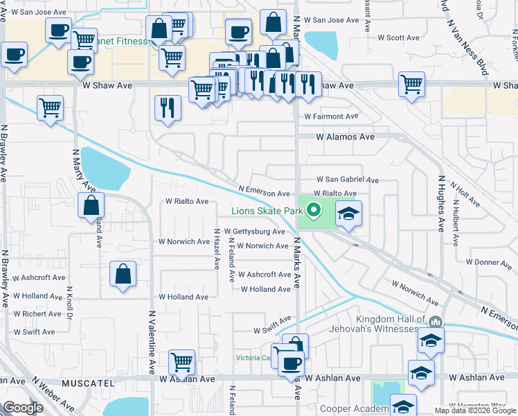 map of restaurants, bars, coffee shops, grocery stores, and more near 4466 North Benedict Avenue in Fresno