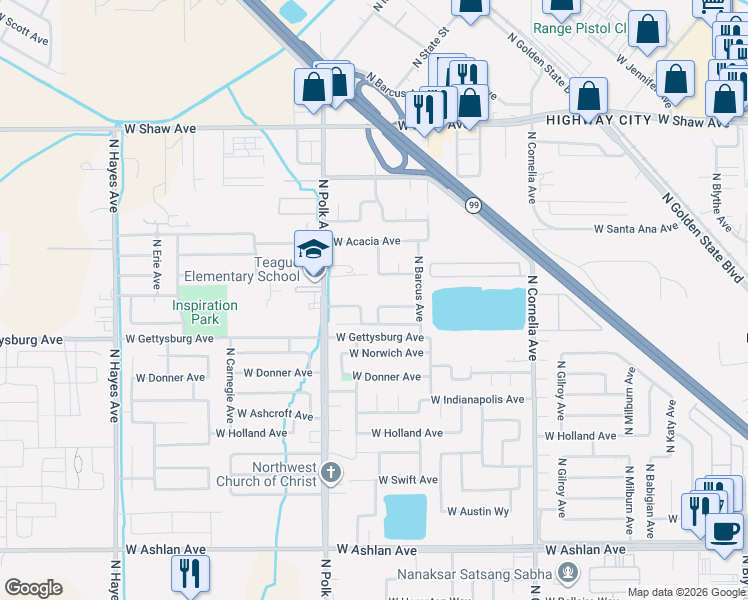 map of restaurants, bars, coffee shops, grocery stores, and more near 5391 West San Gabriel Avenue in Fresno