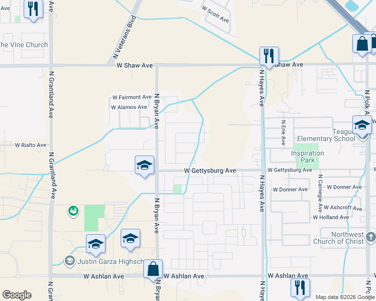 map of restaurants, bars, coffee shops, grocery stores, and more near 4650 North Bryan Avenue in Fresno