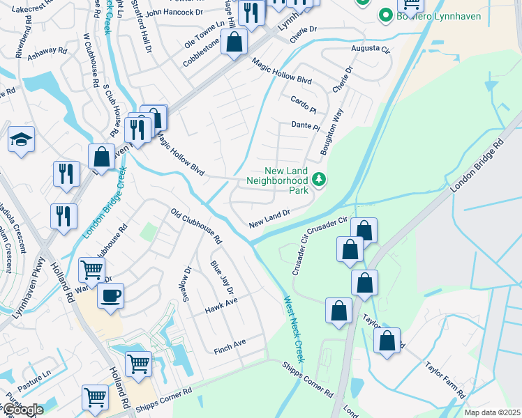 map of restaurants, bars, coffee shops, grocery stores, and more near 2947 Delaware Crossing in Virginia Beach