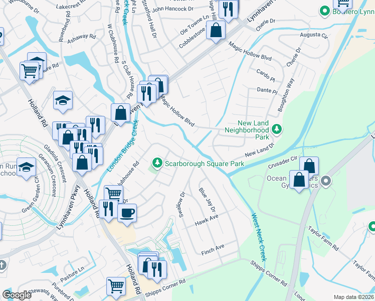 map of restaurants, bars, coffee shops, grocery stores, and more near 3228 Scarborough Way in Virginia Beach
