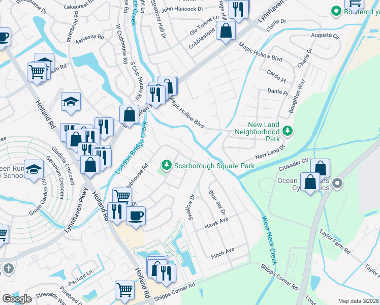map of restaurants, bars, coffee shops, grocery stores, and more near 3228 Scarborough Way in Virginia Beach