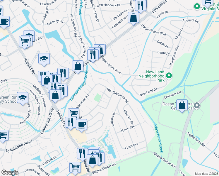 map of restaurants, bars, coffee shops, grocery stores, and more near 1163 Old Clubhouse Road in Virginia Beach