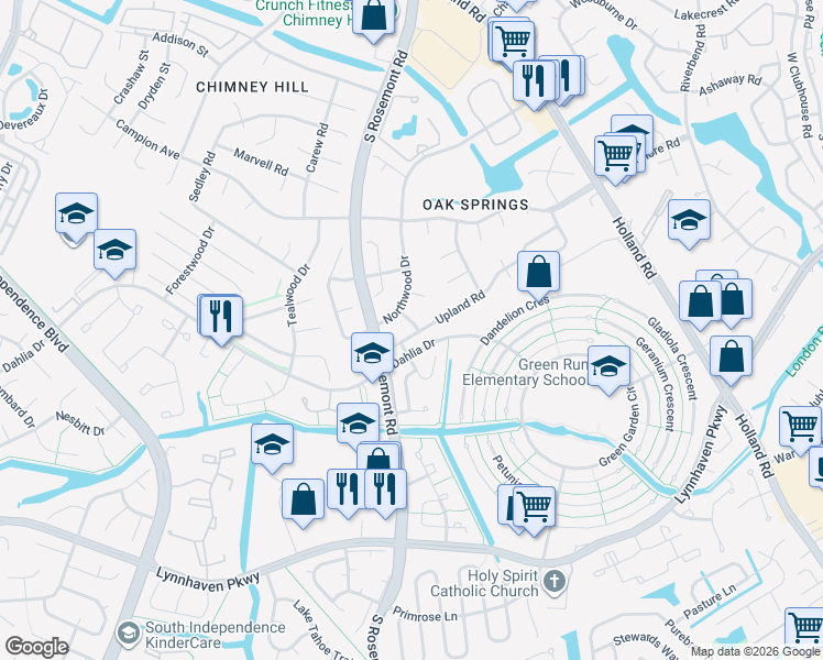 map of restaurants, bars, coffee shops, grocery stores, and more near 3708 Singing Wood Trail in Virginia Beach