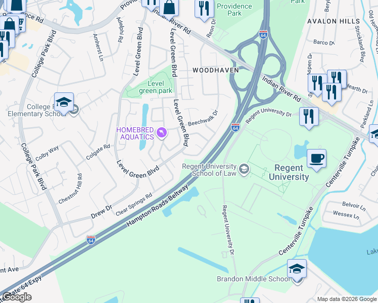 map of restaurants, bars, coffee shops, grocery stores, and more near 1105 Borg Court in Virginia Beach