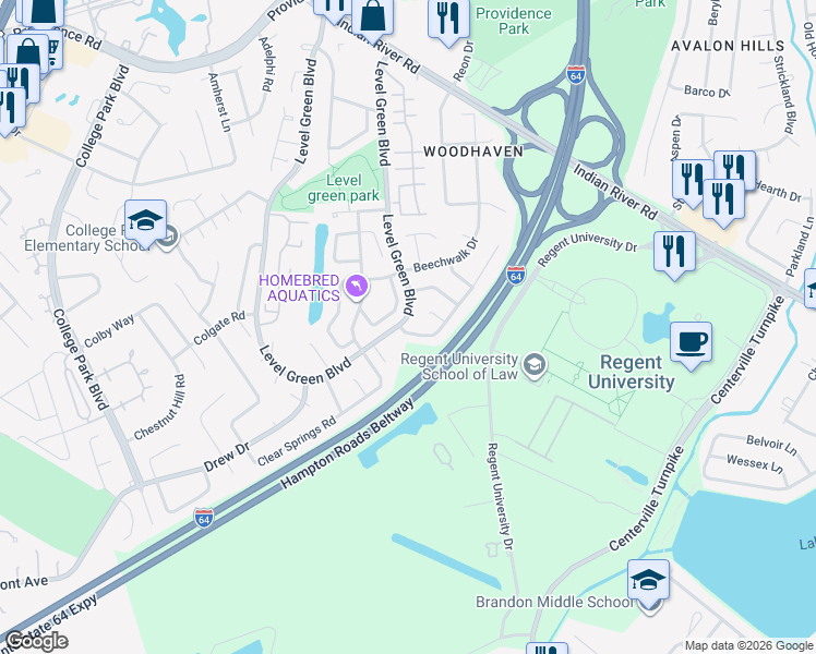 map of restaurants, bars, coffee shops, grocery stores, and more near 1105 Borg Court in Virginia Beach