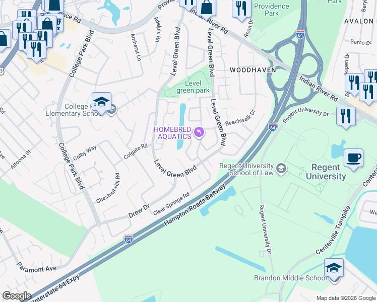 map of restaurants, bars, coffee shops, grocery stores, and more near 5960 Beechwalk Drive in Virginia Beach