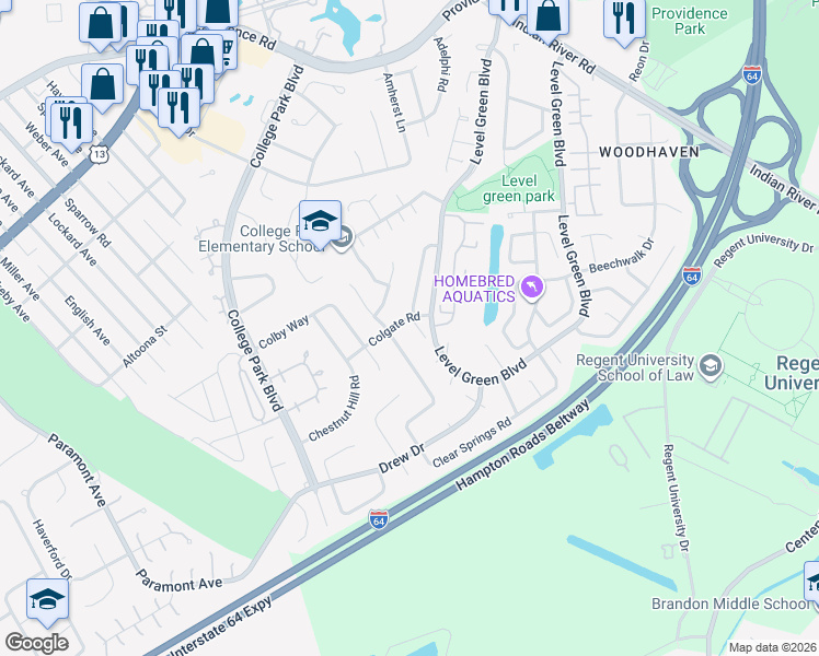 map of restaurants, bars, coffee shops, grocery stores, and more near 6066 Clear Springs Road in Virginia Beach