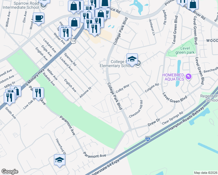 map of restaurants, bars, coffee shops, grocery stores, and more near 6360 Bucknell Circle in Virginia Beach