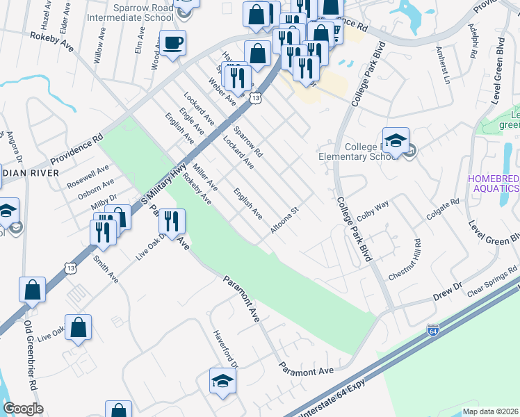 map of restaurants, bars, coffee shops, grocery stores, and more near 2044 English Avenue in Chesapeake