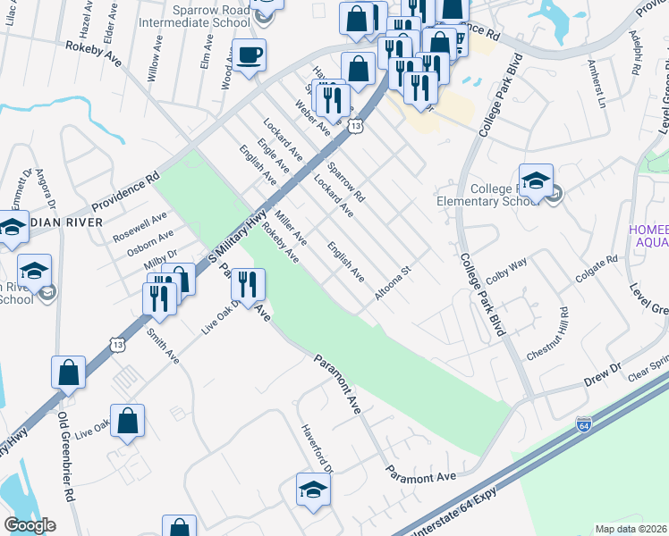 map of restaurants, bars, coffee shops, grocery stores, and more near 2044 English Avenue in Chesapeake