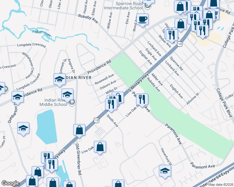 map of restaurants, bars, coffee shops, grocery stores, and more near 732 Milby Drive in Chesapeake