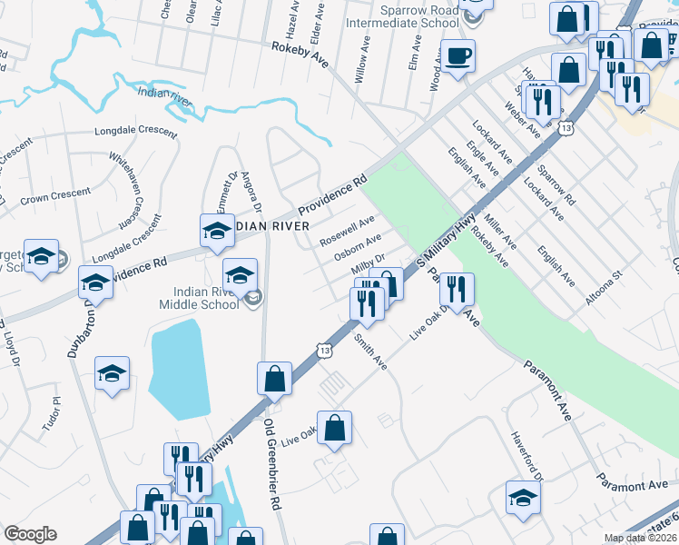 map of restaurants, bars, coffee shops, grocery stores, and more near 707 Osborn Avenue in Chesapeake