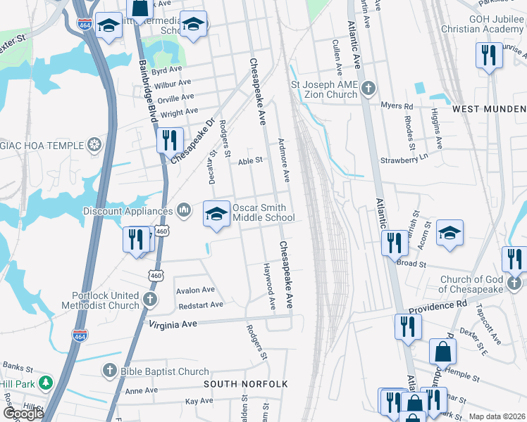 map of restaurants, bars, coffee shops, grocery stores, and more near 1302 Jerome Street in Chesapeake
