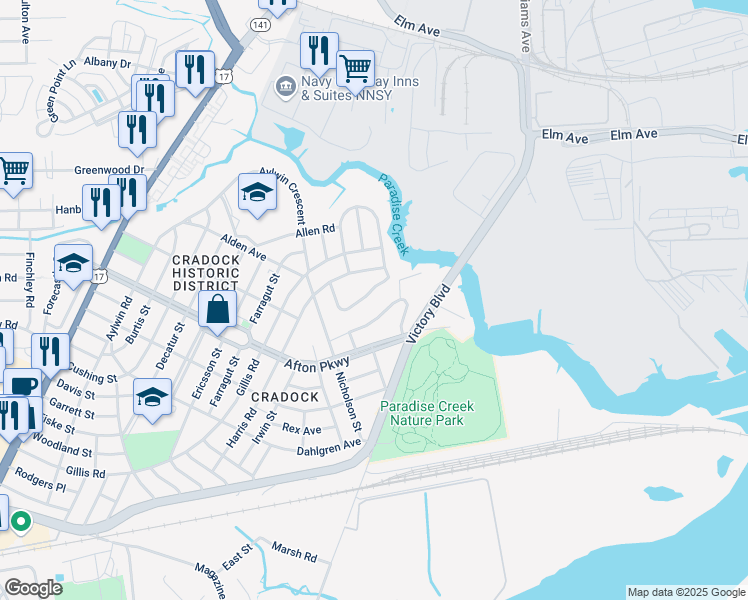 map of restaurants, bars, coffee shops, grocery stores, and more near 19 Cooper Drive in Portsmouth