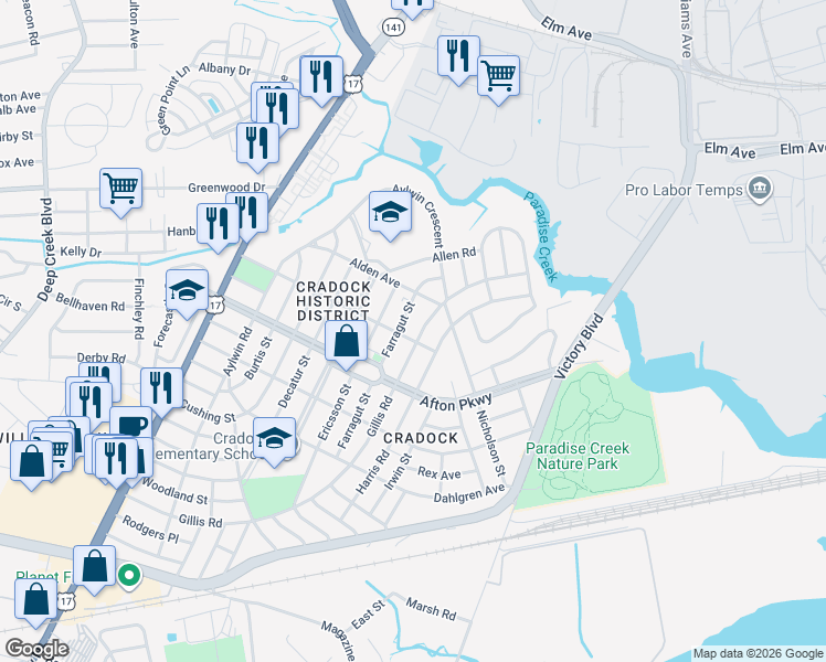 map of restaurants, bars, coffee shops, grocery stores, and more near 37 Farragut Street in Portsmouth