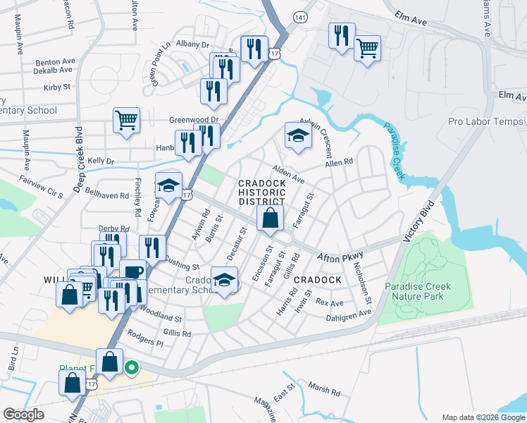 map of restaurants, bars, coffee shops, grocery stores, and more near 35 Decatur Street in Portsmouth