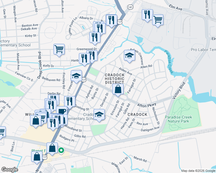 map of restaurants, bars, coffee shops, grocery stores, and more near 35 Decatur Street in Portsmouth