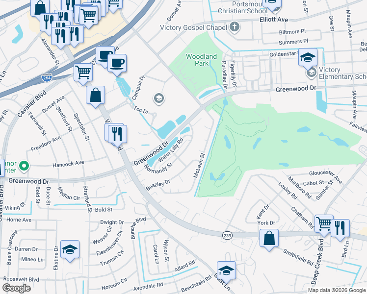 map of restaurants, bars, coffee shops, grocery stores, and more near 524 Normandy Street in Portsmouth