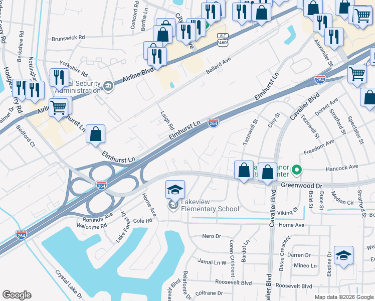 map of restaurants, bars, coffee shops, grocery stores, and more near 1542 Darren Circle in Portsmouth
