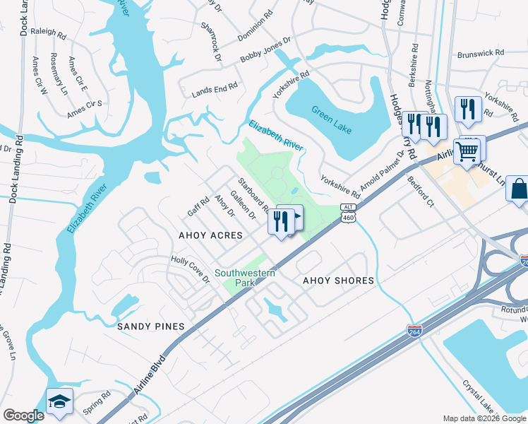 map of restaurants, bars, coffee shops, grocery stores, and more near 3944 Starboard Road in Chesapeake