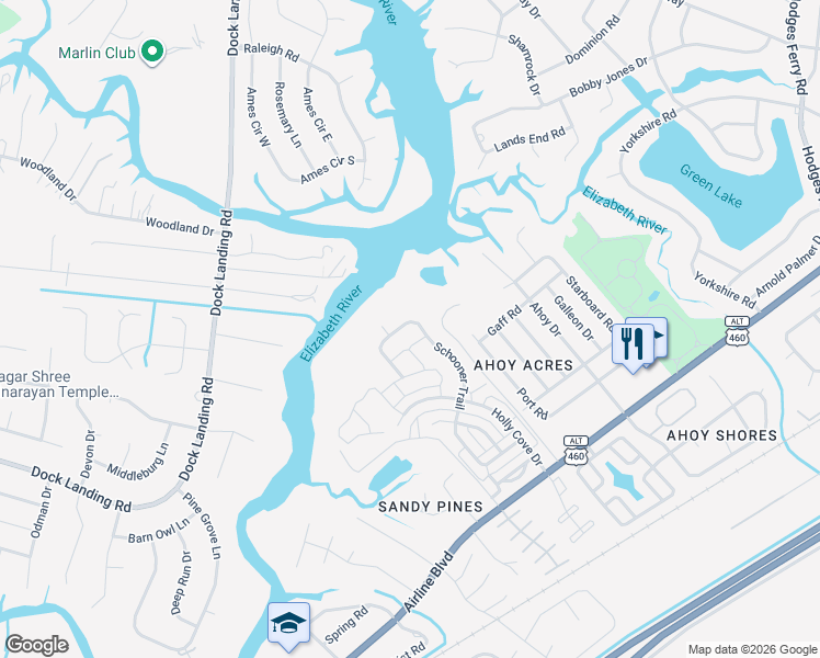 map of restaurants, bars, coffee shops, grocery stores, and more near 4240 Schooner Trail in Chesapeake