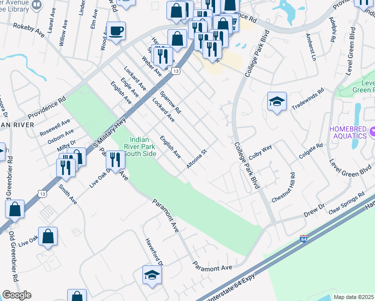map of restaurants, bars, coffee shops, grocery stores, and more near 2123 Engle Avenue in Chesapeake