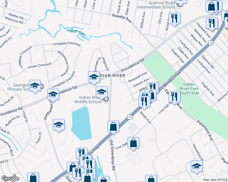 map of restaurants, bars, coffee shops, grocery stores, and more near 2541 Old Greenbrier Road in Chesapeake