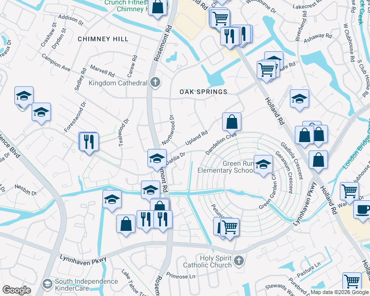 map of restaurants, bars, coffee shops, grocery stores, and more near 3708 Singing Wood Trail in Virginia Beach