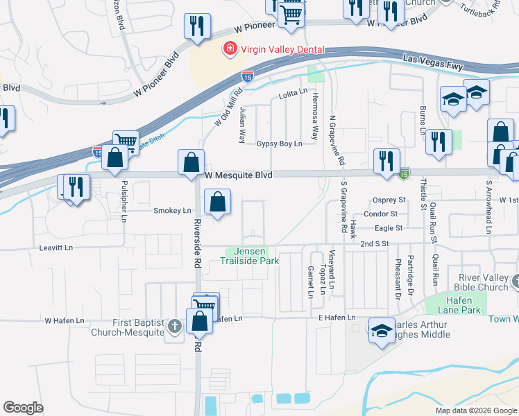 map of restaurants, bars, coffee shops, grocery stores, and more near 105 Shade Tree Lane in Mesquite