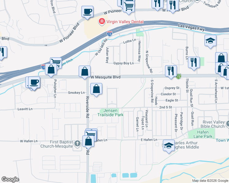 map of restaurants, bars, coffee shops, grocery stores, and more near 105 Shade Tree Lane in Mesquite