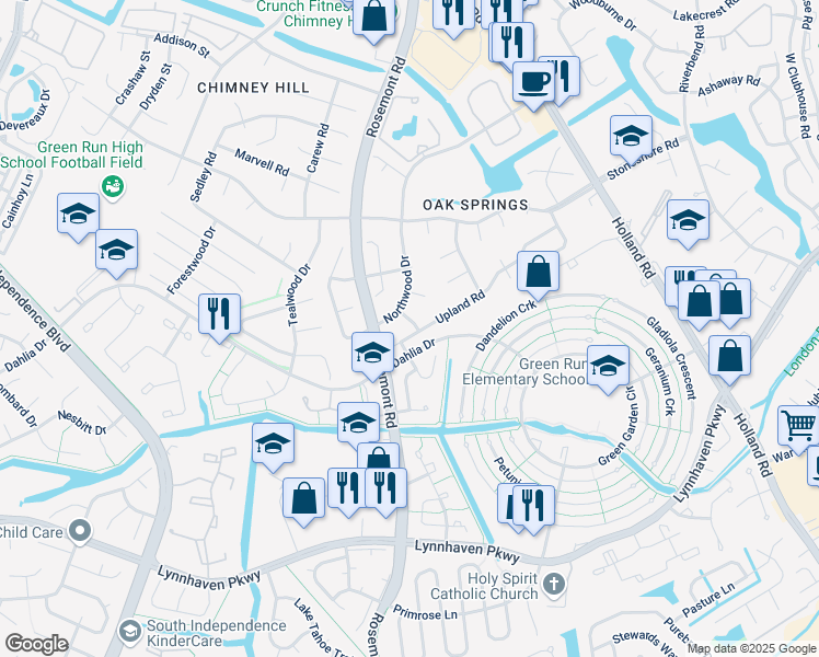 map of restaurants, bars, coffee shops, grocery stores, and more near 3703 Singing Wood Trail in Virginia Beach