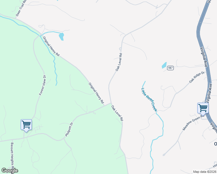 map of restaurants, bars, coffee shops, grocery stores, and more near 6586 Oak Level Road in Bassett