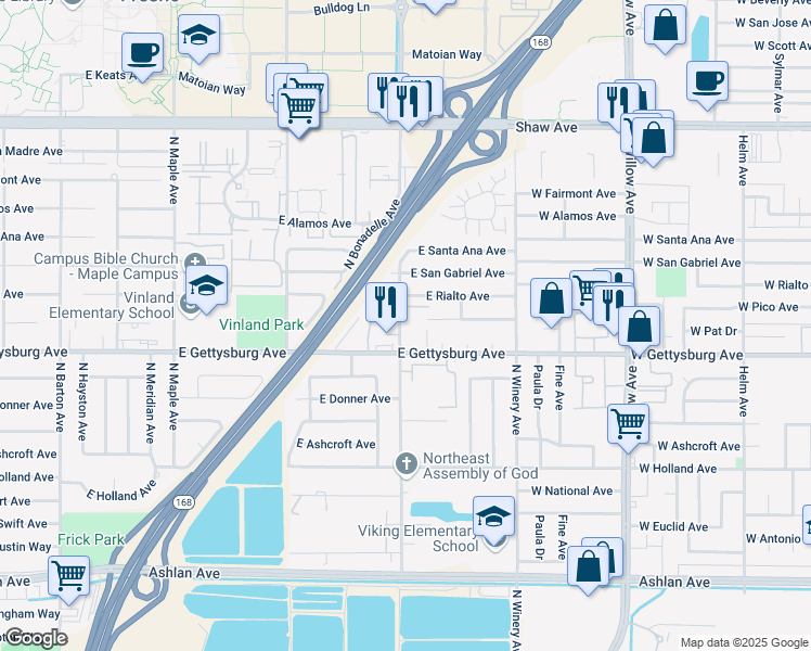 map of restaurants, bars, coffee shops, grocery stores, and more near 4654 North Chestnut Avenue in Fresno