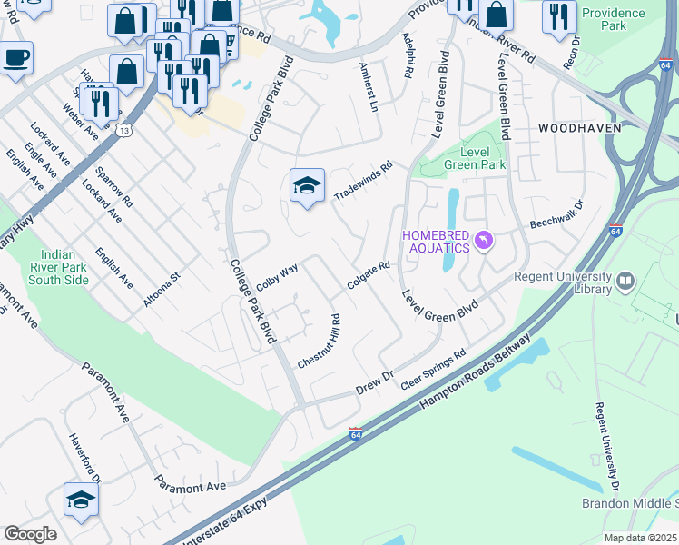 map of restaurants, bars, coffee shops, grocery stores, and more near 6368 Colby Way in Virginia Beach