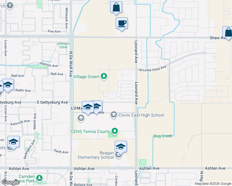 map of restaurants, bars, coffee shops, grocery stores, and more near 3659 Highclere Way in Clovis