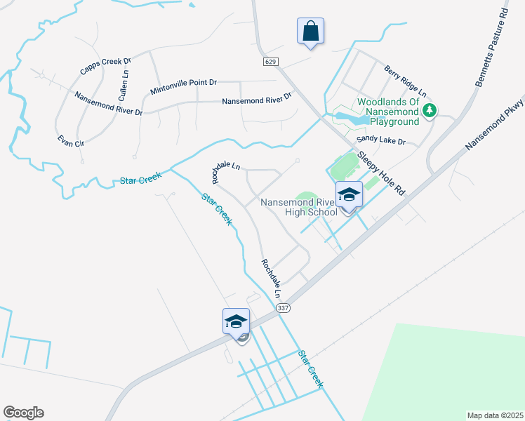 map of restaurants, bars, coffee shops, grocery stores, and more near 146 Kennet Drive in Suffolk