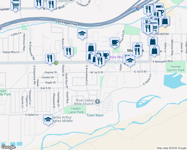 map of restaurants, bars, coffee shops, grocery stores, and more near 107 Navajo Street in Mesquite