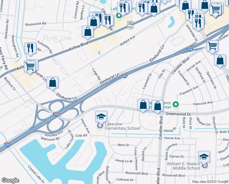 map of restaurants, bars, coffee shops, grocery stores, and more near 1572 Darren Circle in Portsmouth