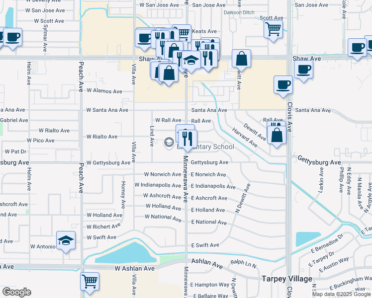map of restaurants, bars, coffee shops, grocery stores, and more near 2700 Minnewawa Avenue in Clovis